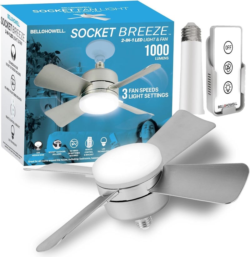 BELLHOWELL مروحة سقف Socket Breeze Cool Light Deluxe فضية – مروحات سقف مع أضواء LED وجهاز تحكم عن بعد، بديل لمصباح الإضاءة - غرفة النوم، المطبخ، غرفة المعيشة، 1000 لومن / 5000 كلفن - Image 1
